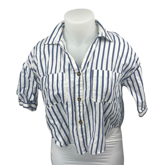 NEW Zara White Blue Striped Short Sleeve Button Pockets Crop Shirt Blouse Top XL - Picture 1 of 4